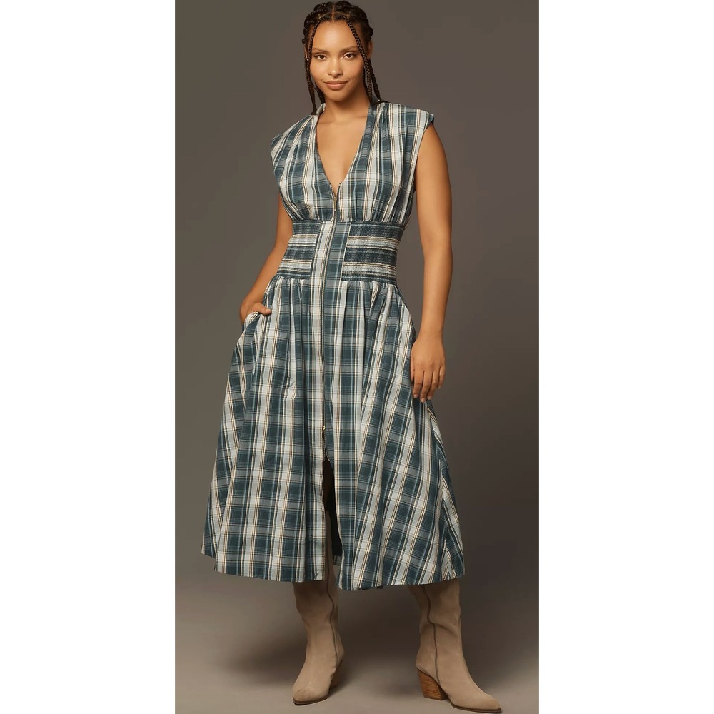 Anthropologie Tommie Cap-Sleeve Smocked Front-Zip Plaid Midi Shirt Dress Blue XS